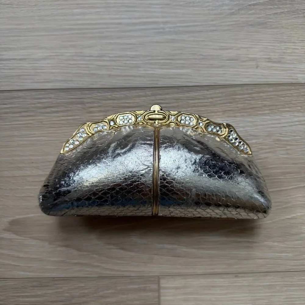Vintage Sasha Clutch Purse Metallic Silver Gold Rhinestone Shoulder Chain Bag